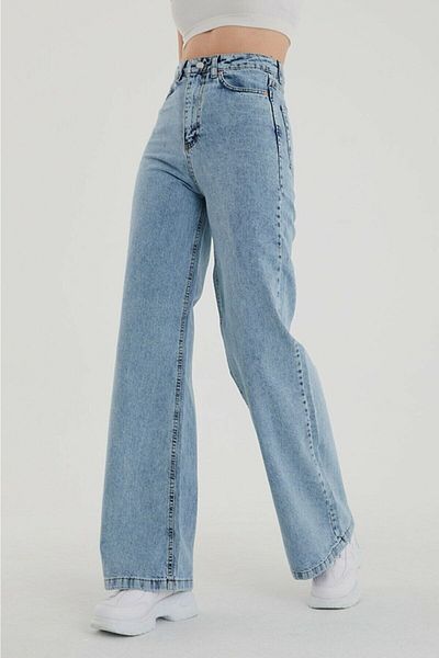 lamelif Blugi lycra cu talie super înaltă, albastru deschis - Palazzo Loose Leg