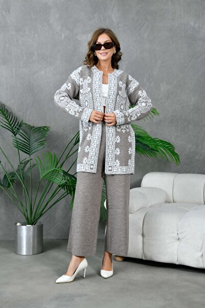 Miss Allos Ethnic Patterned Women's Knitwear Cardigan and Trousers Set