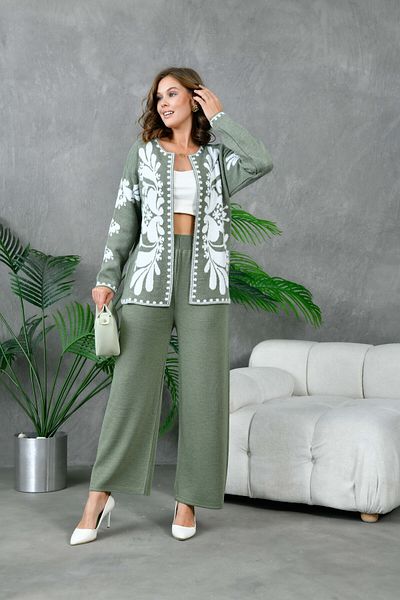 Miss Allos White Patterned Knitwear Cardigan and Trousers Set - Women