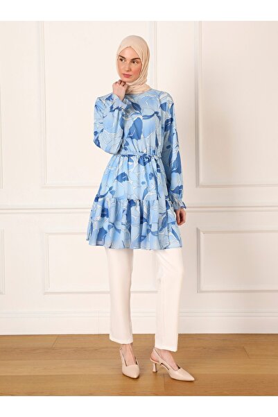 Refka Blue Leaf Patterned Chiffon Tunic - Refka