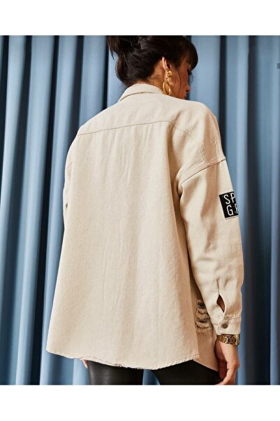 Butik Béžové Boyfriend Women's Denim Jeans - Oversize Distressed Jeans Jacket