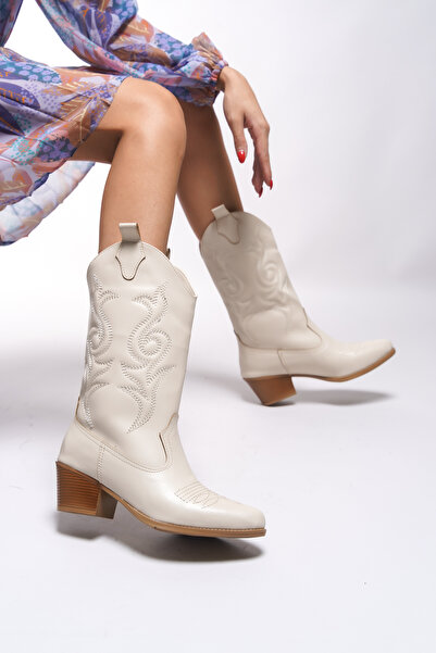 Riccon Beicilia Kadın Nakışlı Western Çizme 001288 Bej Cilt
