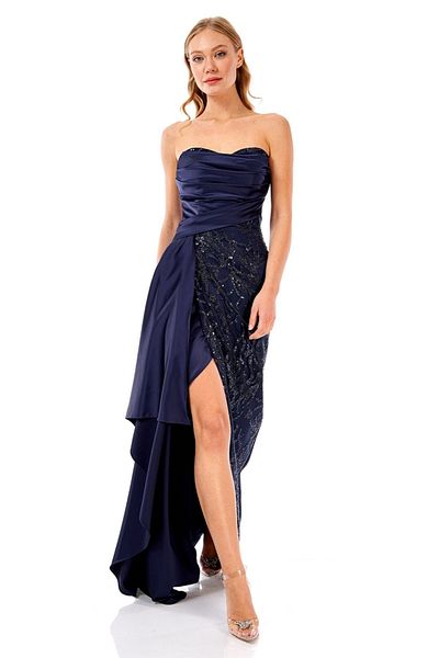 Elbisemhazır Strapless Satin Stone Detailed Evening Dress - Please Displain