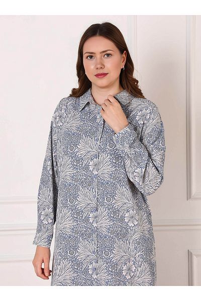 ALİA Plus Size Blue Floral Patterned Shirt Collar Hijab Dress - Alia