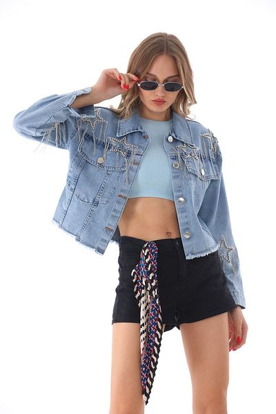 ESB Design Jachetă de denim scurtă sezonieră cu nasturi, cu buzunare cu lanț de piatră albastră A36-082