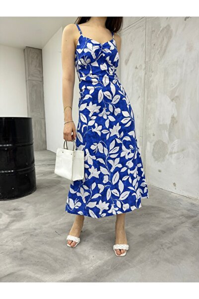 BİKELİFE Rochie de vară detaliată cu bretele albastre pentru damă