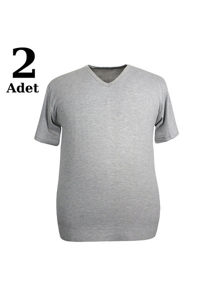 Arma Yıldız Gray V-neck Short Sleeve Men's T-shirt - Plus Size, 100% Cotton Undershirt