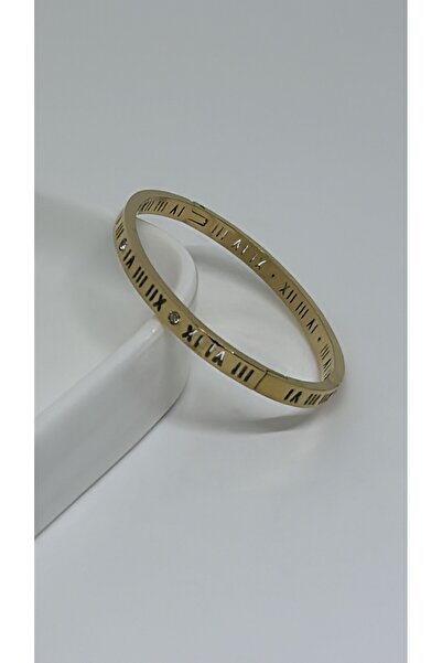 By Semra Bebe Boy Çelik Zirkon Taşlı Roma Rakamlı Çelik Kelepçe Bilezik 13 Cm ( Ince Bilekler Için )