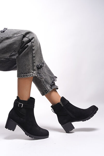 Riccon Lilixipha Kadın Toka Detaylı Lastikli Topuklu Bot 0012730 Siyah Süet