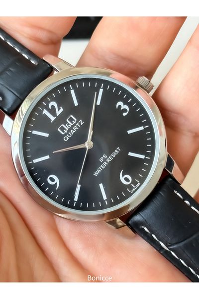 Q&Q Brand Retro Black Color 24 months Warranty, Waterproof, Leather Strap Men's Wristwatch+Bracelet