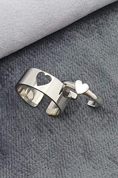 Agai Silver Kalp Motifli Ayarlanabilir Gümüş Çift Alyans Yüzük