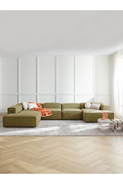 S Home Design Concept 5 Modül Pofidik Modüler Kanepe Xl Köşe Koltuk Takımı Sol Köşe, Keten Yağ Yeşili 370 Cm