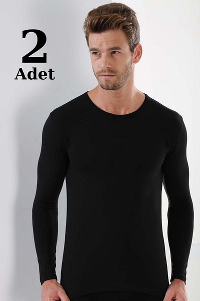 Arma Yıldız Ανδρικό μαύρο μακρυμάνικο μπλουζάκι - Crew Neck, 100% βαμβάκι, 2 Pack Undershirt Ribana