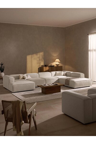 S Home Design Concept Frida 5 Modül Pofidik Modüler Kanepe Xl Köşe Koltuk Takımı Keten Kırık Beyaz Sağ Köşe