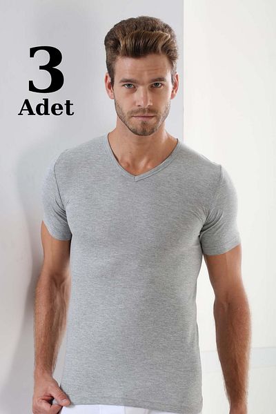 Arma Yıldız Gray V-neck Short Sleeve Men's T-shirt - 3 Pieces 100% Cotton Combed Cotton