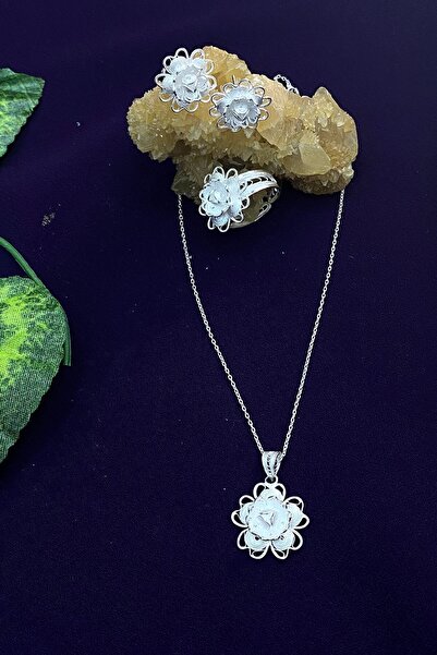 Agai Silver Çiçek Model Telkari El İşçiliği Gümüş Üçlü Set