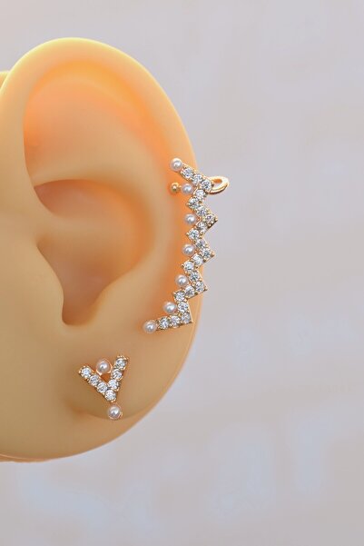 Mu Minamu Zirkon Taşlı İncili Sıkıştırmalı Kıkırdak Küpesi İkili Takım Earcuff ve Küpe