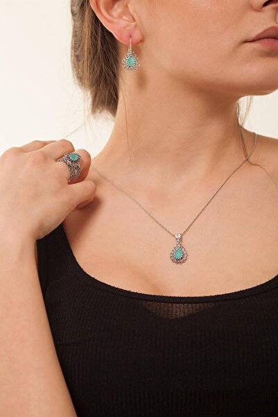 Agai Silver Damla Model Mavi Kuvars Taşlı Telkari El Işçiliği Gümüş Üçlü Set