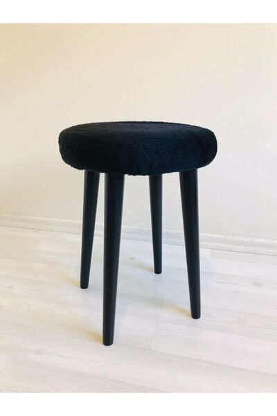 Neta Trade Ahşap Ayak Dekoratif Siyah Peluş Puf Tabure Bench Yuvarlak Koltuk ...
