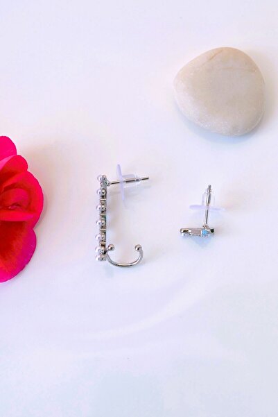 Mu Minamu Zirkon Taşlı İncili Sıkıştırmalı Kıkırdak Küpesi İkili Takım Earcuff ve Küpe