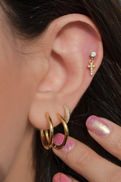 Mu Minamu Zirkon Taşlı Haç Model Piercing Helix Tragus Gold Renkli