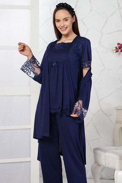 Emose Navy Blue Maternity Dressing Gown Pajama Set