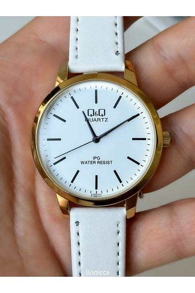 Q&Q Men's White Leather Band Wrist Watch - Rosary Bracelet