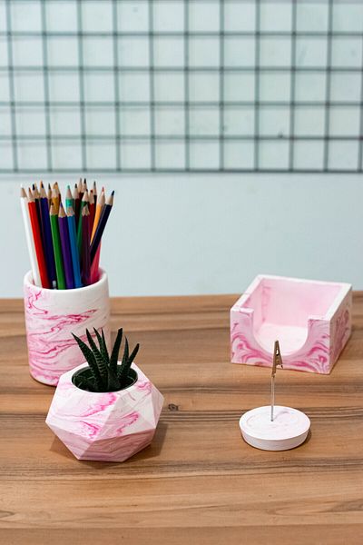 PAYATASARIM Concrete Office set - Pen Holder, Flower Pot Note Holder and Notepad Holder Cactus