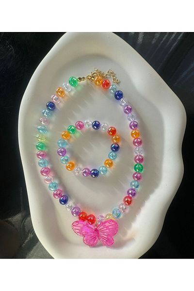 Karlay Pink Beaded Children's Necklace and Bracelet Set - Butterfly Pattern