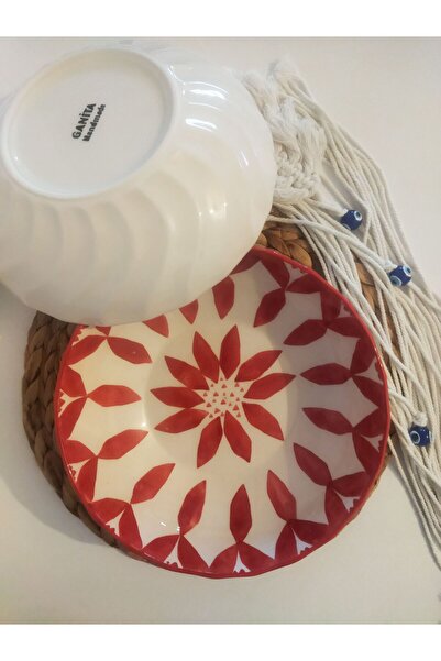 Ganita home Red Flower Patterned Salad Bowl Ceramic - 25 cm
