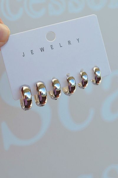 Mu Minamu Plain Curved Hoop Earrings Set 6 Pieces Silver Colored