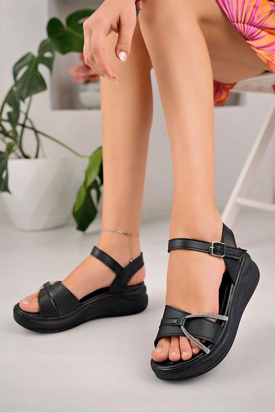 LZ SHOES Sandale de damă cu cataramă de piatră neagră