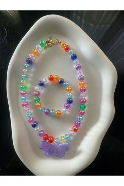 Karlay Mor Rengarenk Boncuklu Çocuk Kolye Bileklik Kelebekli Takım