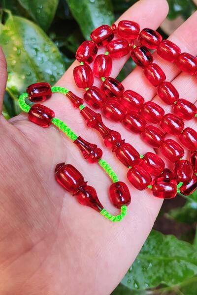 Vip Kehribar 9x11 Mm Transparent Red Perforated Rosary - Ergin Baran Necef