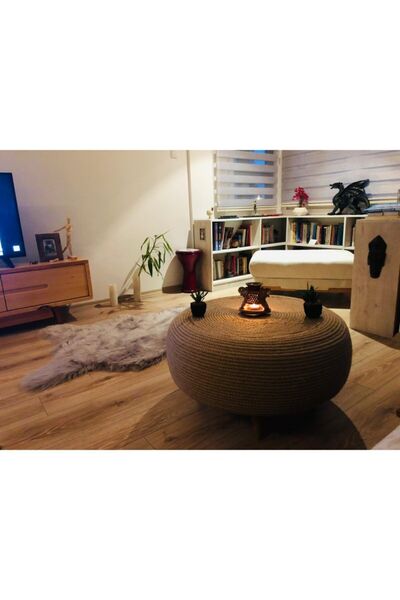 Sehpa&Sehpa Wh - Jüt Halat Ip Doğal Hasır Rengi Yuvarlak Ayaklı Orta Ve Ya Ya...