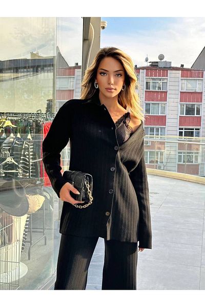 Lusin Black Knitwear Cardigan and Trousers Set - Buttoned, Bottom, Top, Double