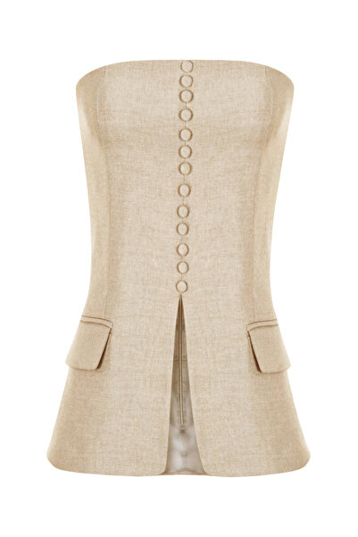 Whenever Company Bej Straplez Arkadan Gizli Fermuarlı Önden Süs Düğmeli Kumaş...