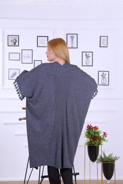 CNR TEKSTİL Women's Gray Colored Sleeves Tassel Detailed Poncho