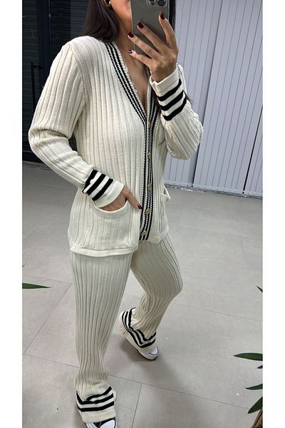 Lusin Gold Button Detailed Ecru Women's Knitwear Set - Cardigan and Trousers Set