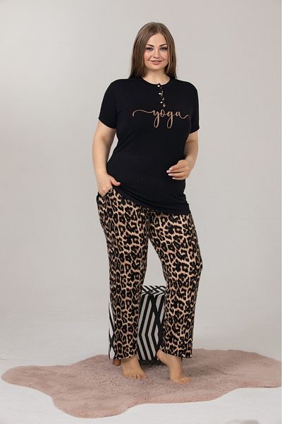 Eyfuze Set de pijamale cu mânecă scurtă, cu nasturi, cu guler cu imprimeu leopard de mărime mare, neagră