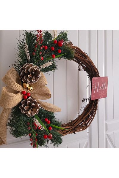 rosfloa rf Hello New Year Kokina, Pine Branch, Πρωτοχρονιάτικο Στολίδι Πόρτας με λεπτομέρεια κώνου Δώρο γιρλάντα (33 CM)
