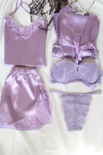 blackstrip 6 Parça Dantel Detaylı %100 Pamuk Saten Sabahlık - Şort - Sütyen T...