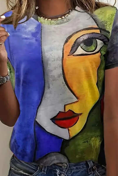 ESSFASIHON Μπλουζάκι με κοντό μανίκι με στάμπα προσώπου