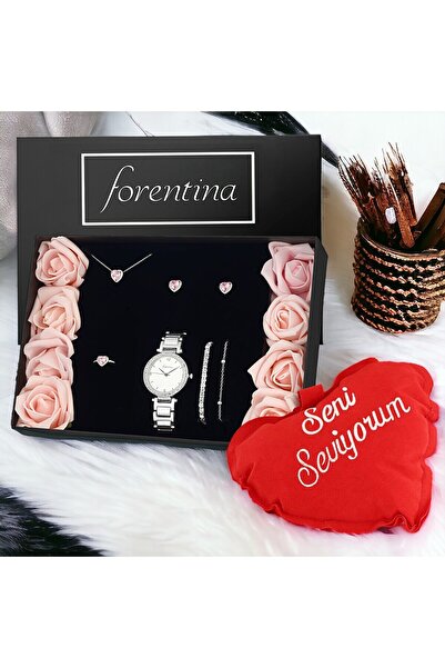 Forentina Gümüş Kaplama Kalpli Kolye Küpe Bileklik Yüzük Saat Kalpli Yastık Yapay Güllü Kutuda Hediy