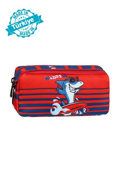 Niss Store Waddell Licensed - Red Shark Patterned Pencil Case with 2 Pockets