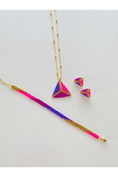 elamindunyasi Women's Purple Handmade Colorful Triangle Necklace Bracelet and Earring Set