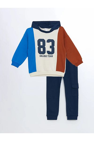 LC Waikiki Lcw Baby Baby Boy Sweatshirt and Sweatpants Set - Light Beige, Hooded, Crew Neck, Printed Set of 2