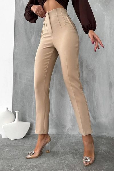 sunfyre Women's Beige Pleated Front Flotated Narrow Leg High Waist Carrot Pants