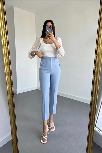 sunfyre Women's Ice Blue Pleated Front Flotated Narrow Leg High Waist Carrot Pants