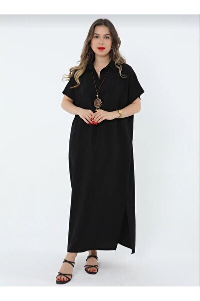 DEEFWEAR Kadın Oversize Polo Yaka Standart Kalıp Yırtmaçlı Kolyeli Elbise